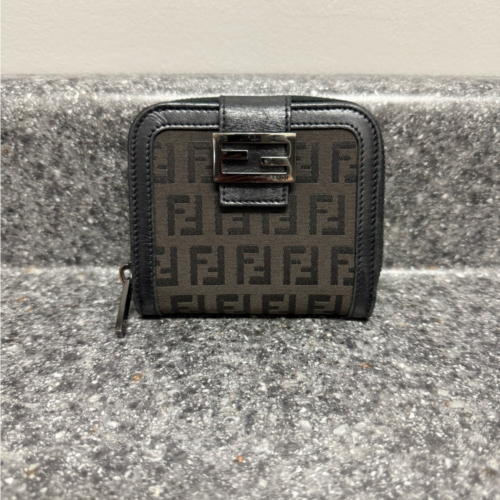 FENDI Black Canvas Leather Zucca FF Logo Monogram Compact Bifold Wallet Auth